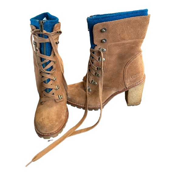 UGG suede camel brown lace up zipper heeled winter boots - Picture 8 of 14